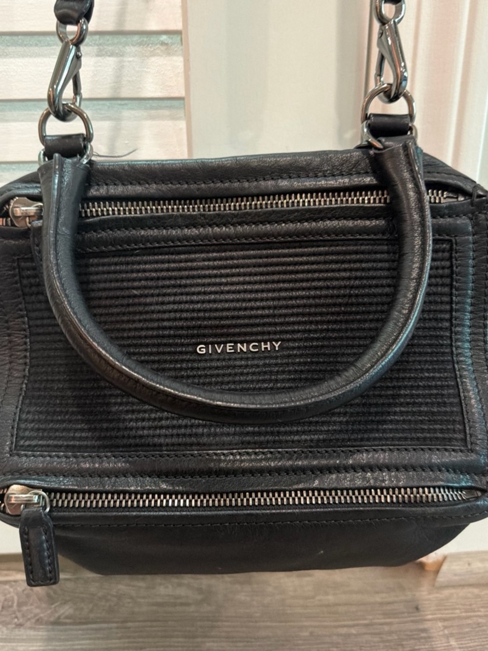 Givenchy Black Leather Ribbed Satchel with Silver Hardware